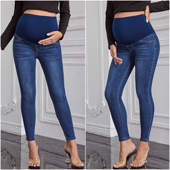 Maternity Wide Band Stretchy Waist dark Wash Denim Skinny Jeans